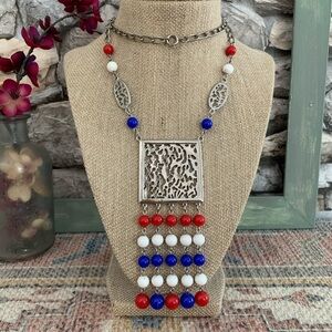 Vintage Signed Celebrity Patriotic Red White Blue Beads Dangle Silver Necklace